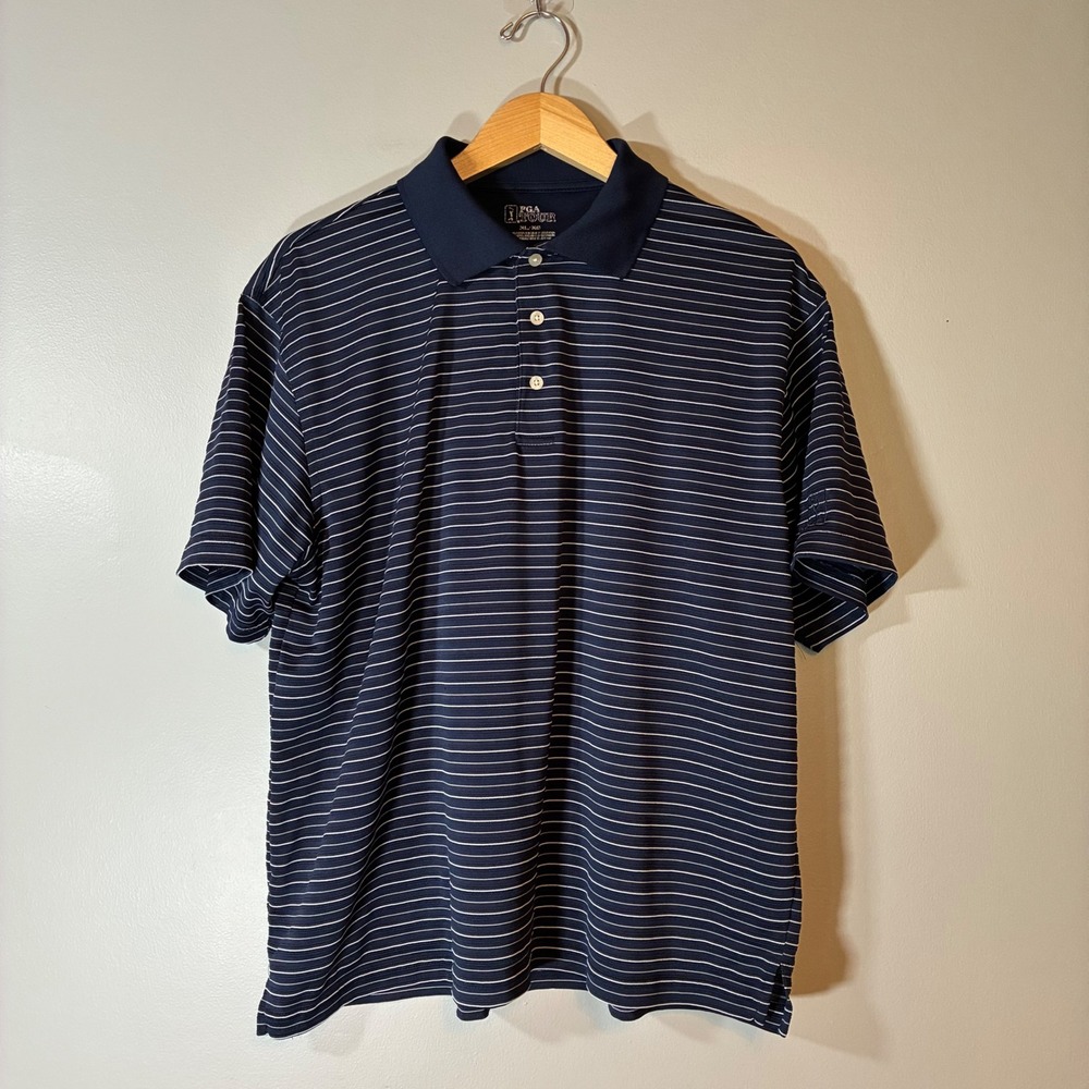 PGA Tour Mens XL Polo Shirt Navy White Striped Short Sleeve Golf Performance